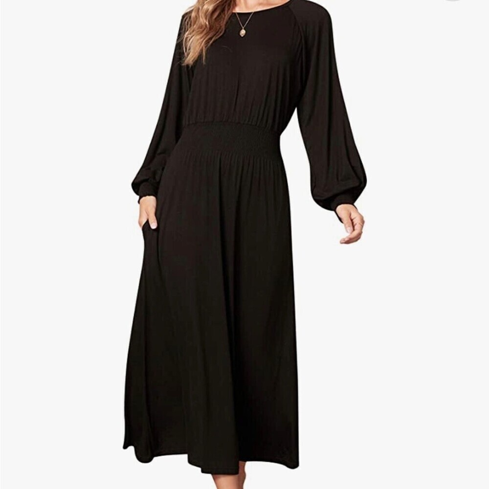 BB Dakota & Steve Madden midi dress long sleeve smocked cuffs flowy black SZ L